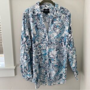 Tahari Linen Button Down Bird Floral Leaves Illustration Print Long Sleeve